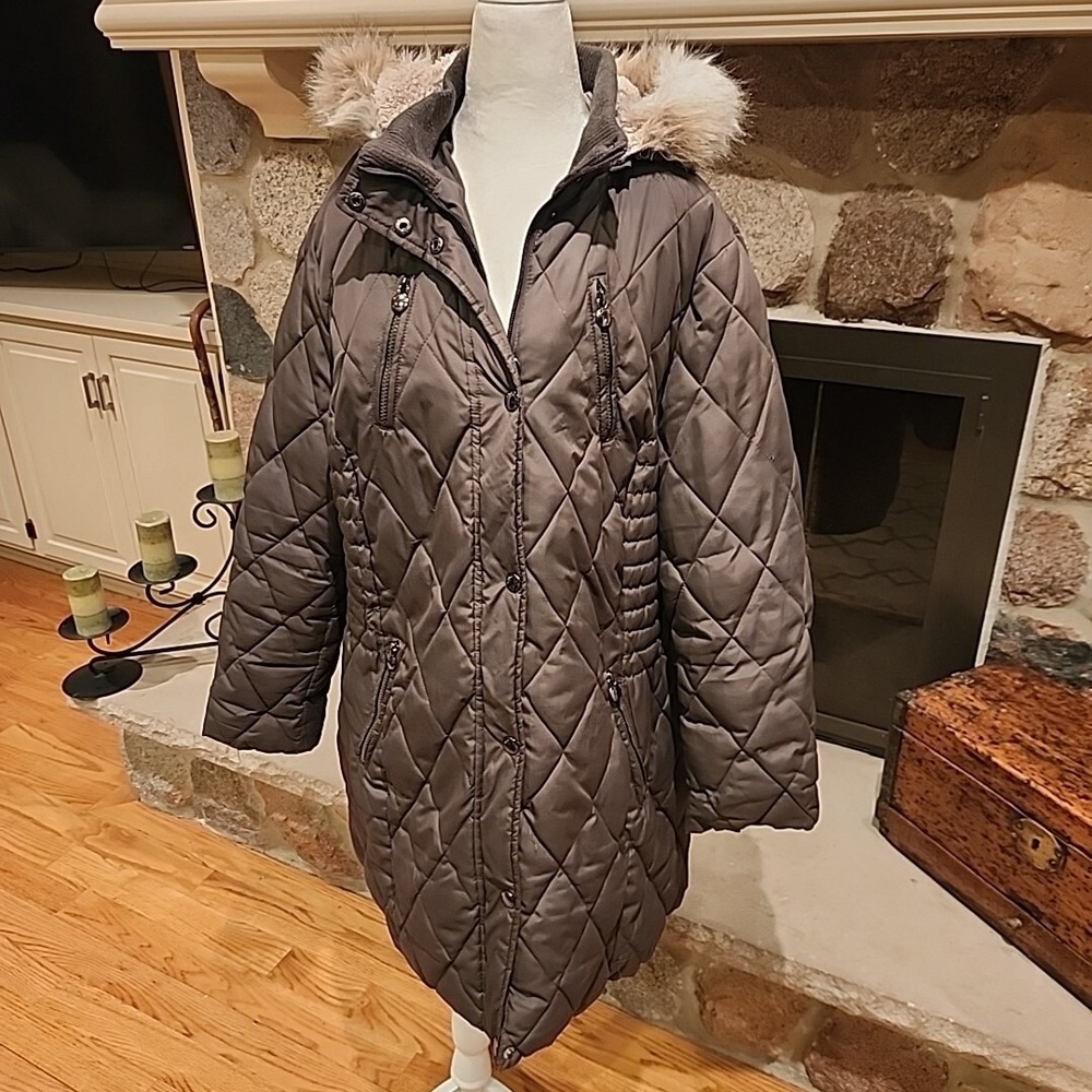 Laundry by Design Women Parka Puffer‎ Coat with Faux Fur Hood Green Sz XL